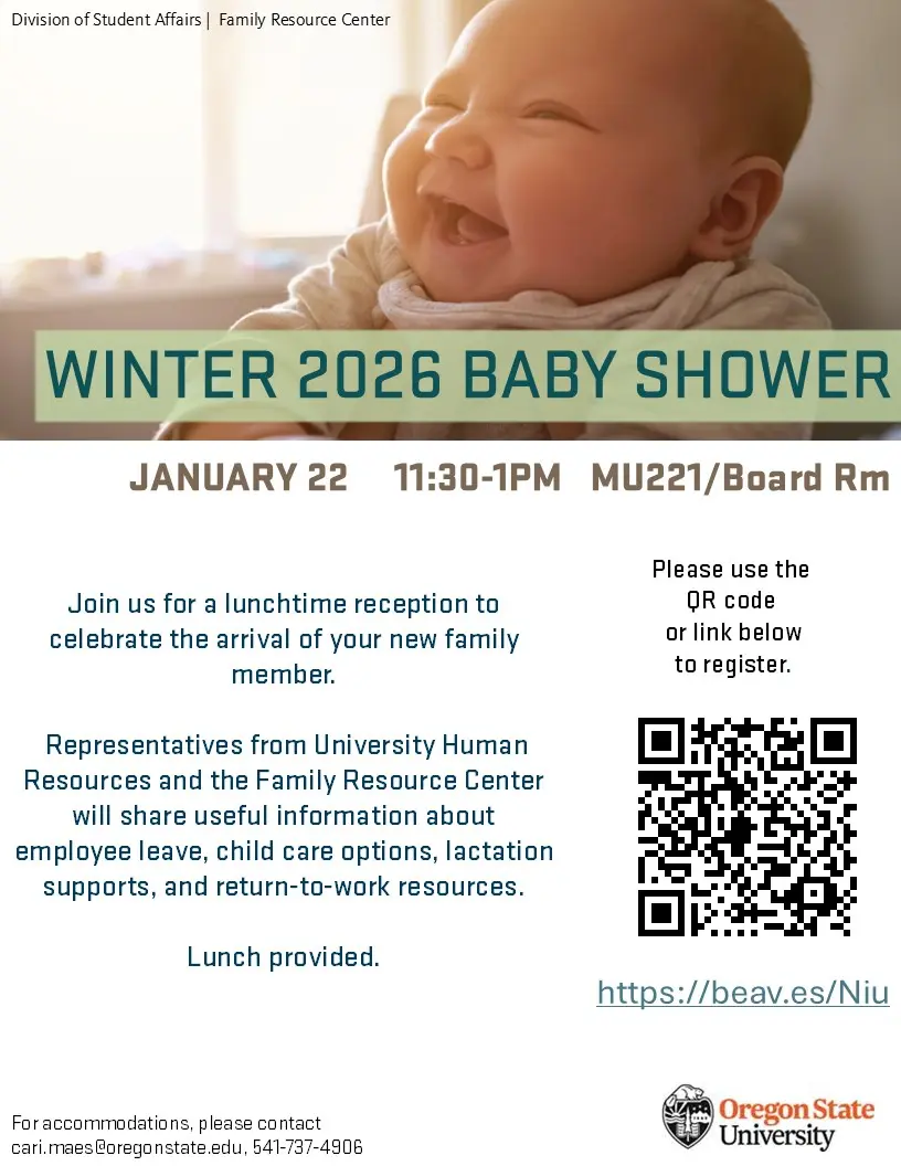 Please register for the Winter 2026 Baby Shower on January 22, 11:30am to 1pm in MU 221. using the link provided.
